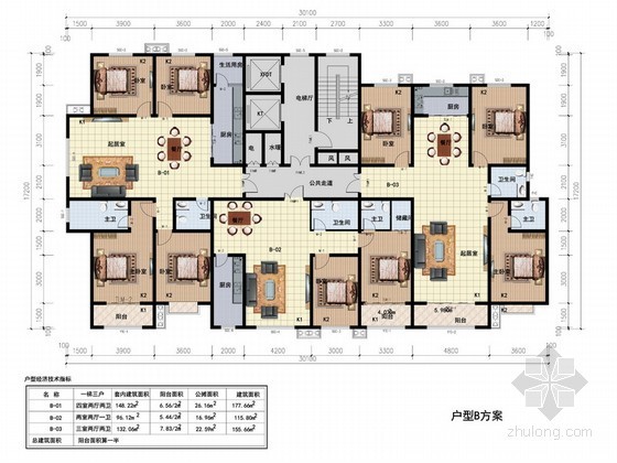 30平米户型平面图资料下载-高层住宅一梯三户型平面图（115、155、177平方米）