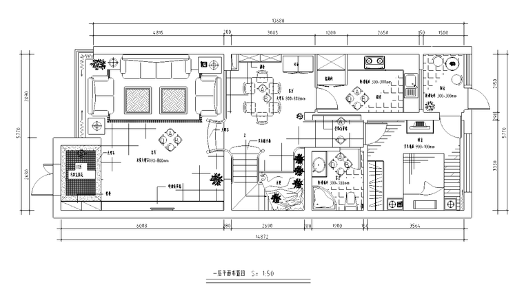 [福建]某三层别墅空间室内装修施工平面图-一层平面布置图