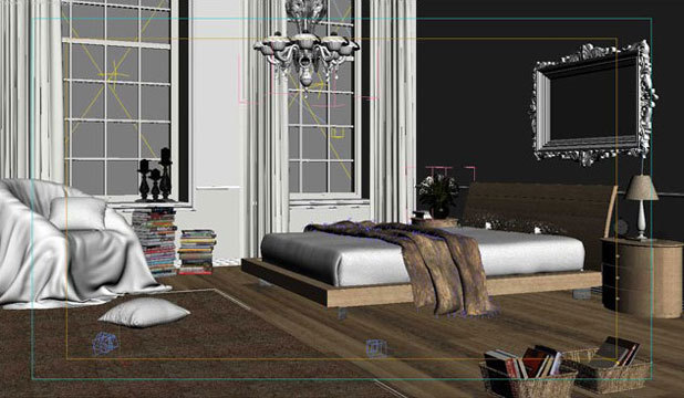 飘窗坐垫3d模型下载资料下载-欧式简洁卧室渲染教程