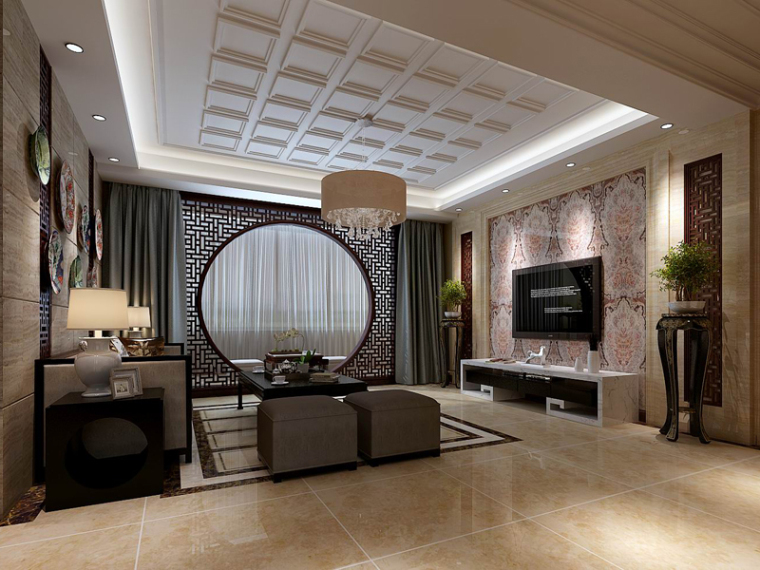 中式客厅3d效果图资料下载-大气中式客厅3D模型下载