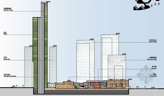 [广东]核心商务区概念总体规划（含310米高塔楼及5A办公区）-核心商务区建筑剖面图