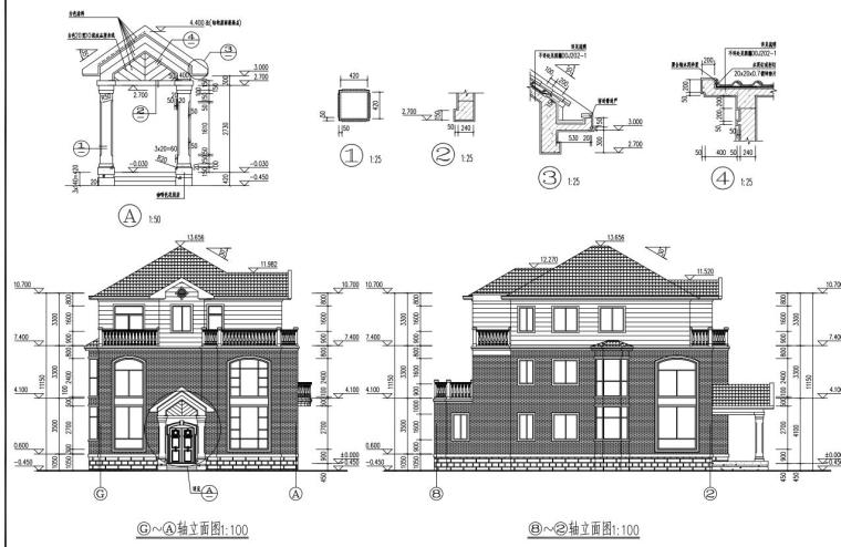 3层独栋别墅建筑设计框架结构（包含效果图+CAD）-轴立面图
