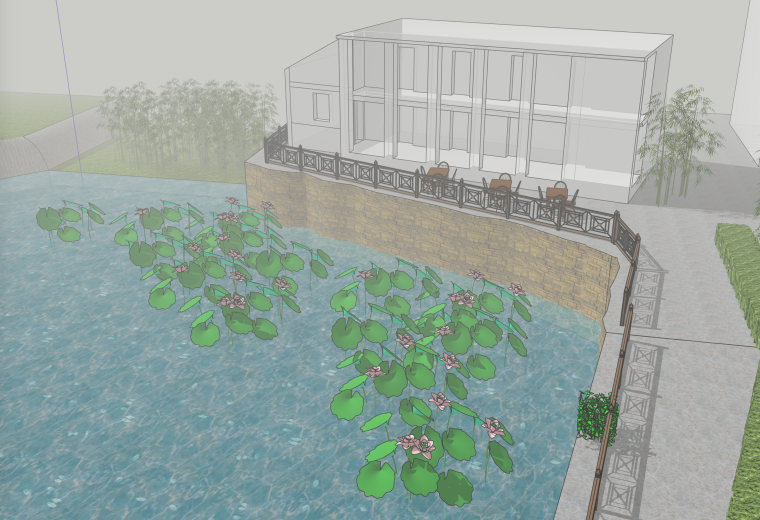 中式风格酒店建筑设计资料下载-中式风格池塘景观建筑设计模型