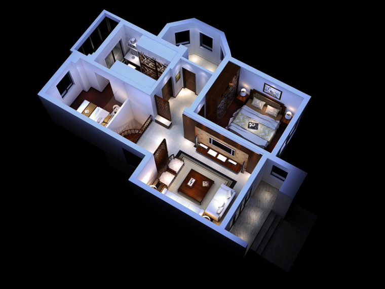 现代居室模型资料下载-现代中式居室3D模型下载