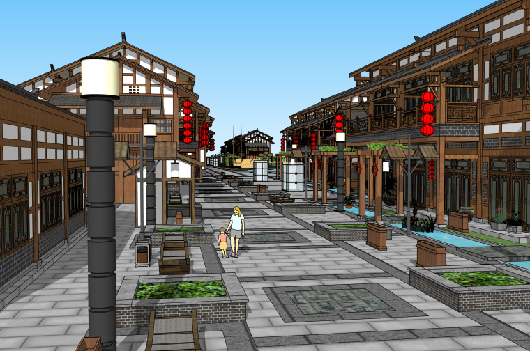 木结构设计su模型资料下载-川东风格中式商业街建筑SU模型