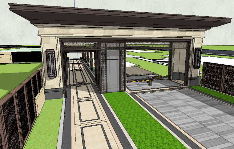 中式小区大门CAD资料下载-铂悦秦淮小区入口大门模型设计（新中式风格）
