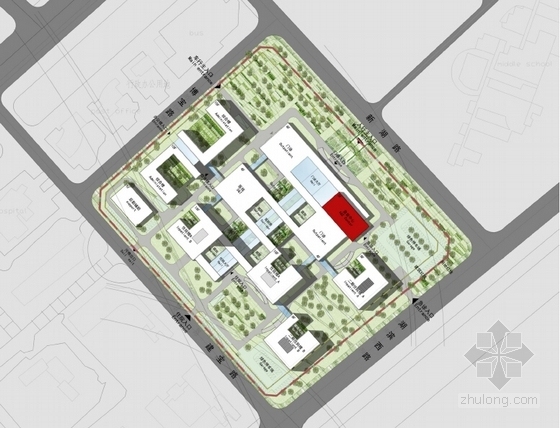 [广东]滨海风格集中式布局医院规划及建筑设计方案文本-现代风格集中式布局医院总平面图