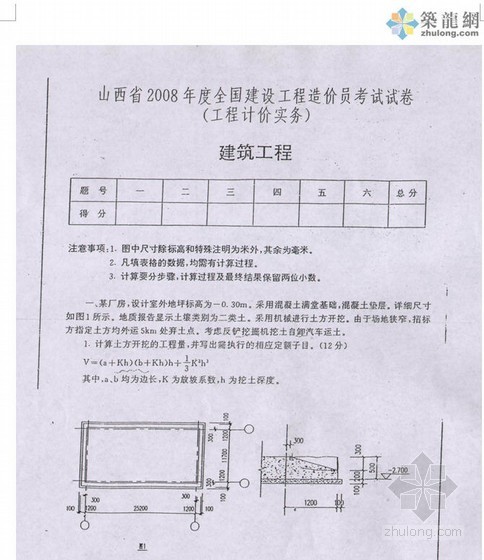 造价员土建考试真题资料下载-[山西]2008-2012年造价员《土建实务》真题及答案