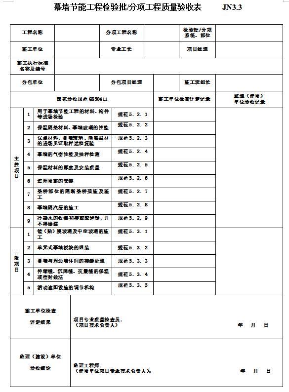 建筑节能工程施工验收资料目录及表格-幕墙节能工程检验批、分项工程质量验收表