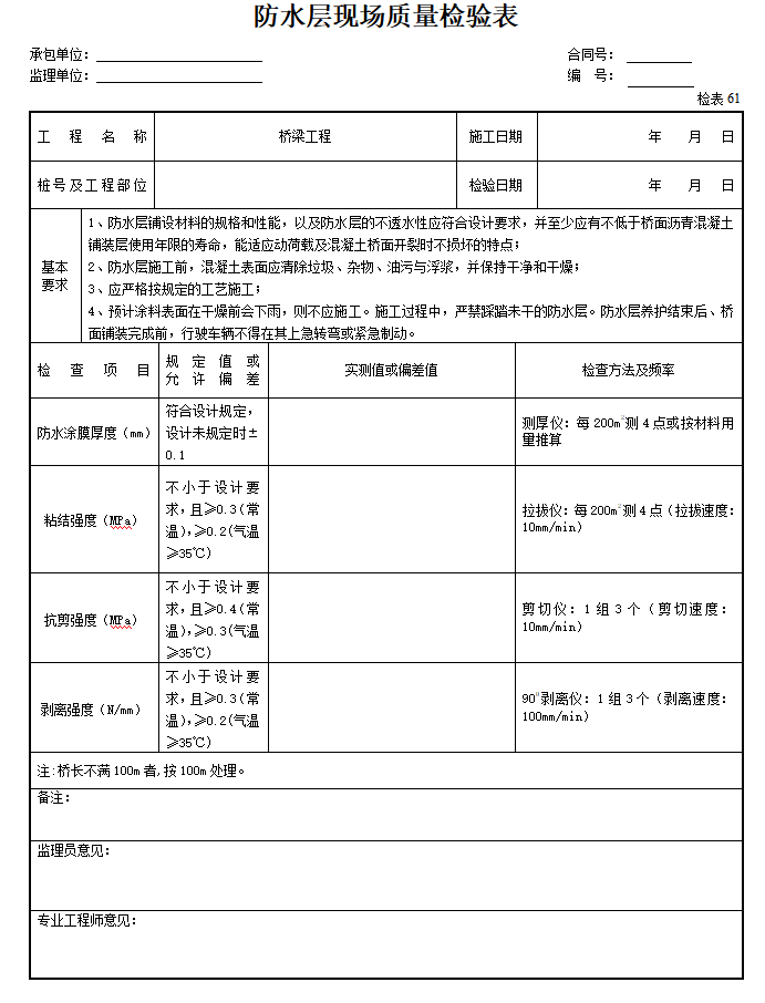 公路桥梁工程施工监理质量检验表格-防水层现场质量检验表