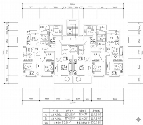 一梯两户板式建筑资料下载-板式高层一梯两户三室两厅两卫户型图(128/128)