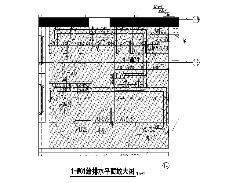 广东深圳五栋超高层产业研发楼给排水全套施工图-1-WC1给排水平面放大图