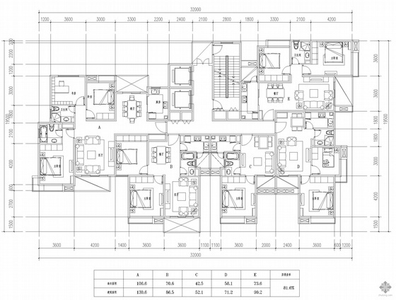 90平米多层住宅户型图资料下载-塔式多层一梯五户户型图(131/87/52/71/90)