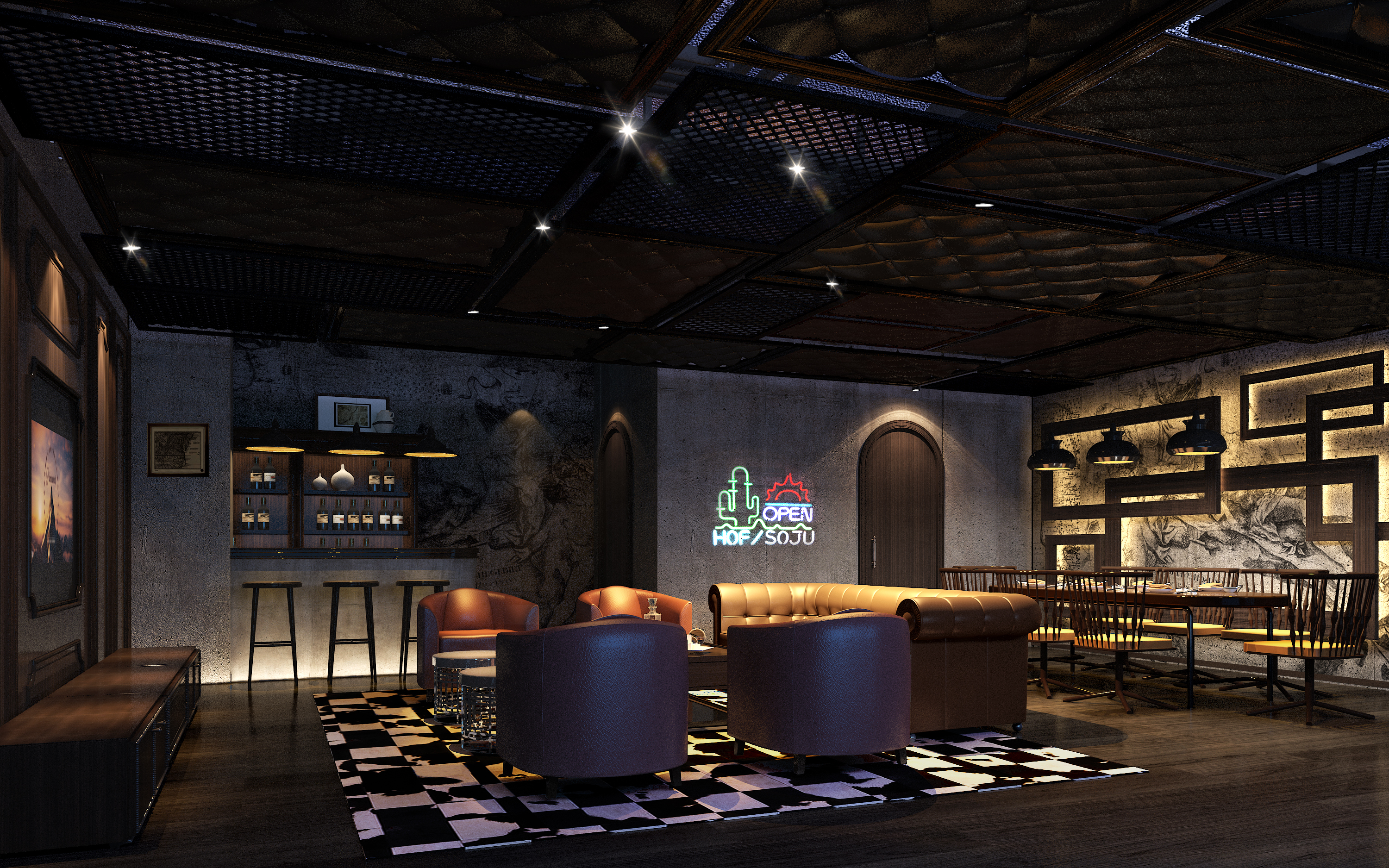 工业化复古简约loft风格酒吧空间设计施工图(附效果图)