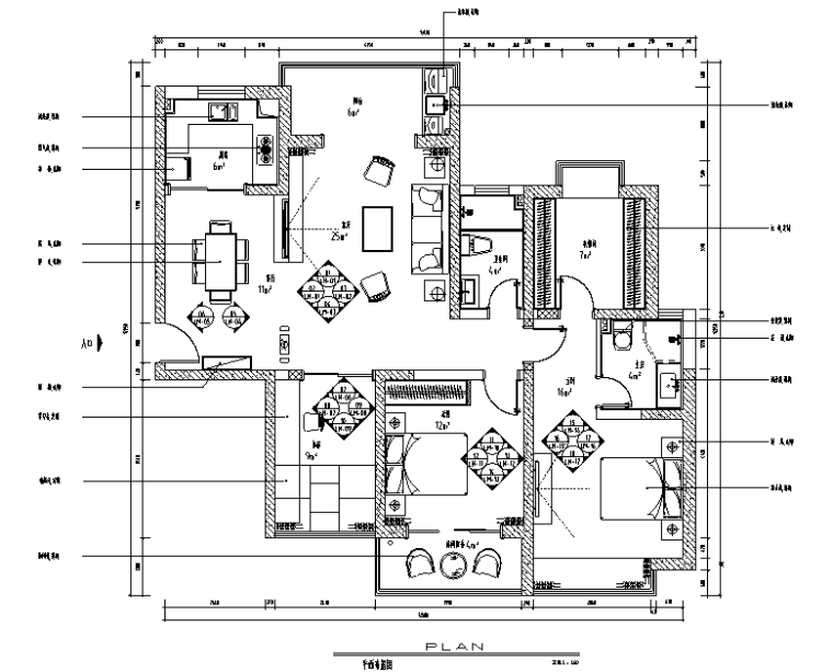 日式风格三居室住宅设计施工图（附效果图）-平面布置图
