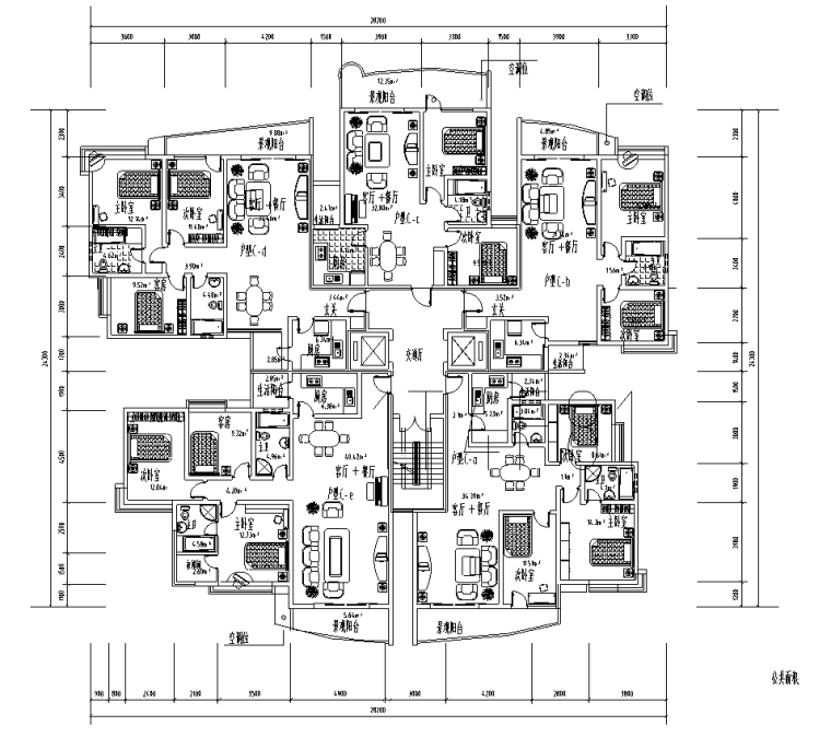 L型廊架平面图cad资料下载-88种带电梯，多户，高层住宅户型平面图（88张）