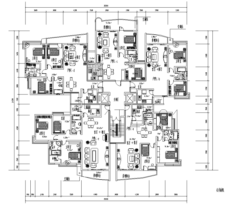 高层一梯三户型cad70资料下载-88种带电梯，多户，高层住宅户型平面图（88张）