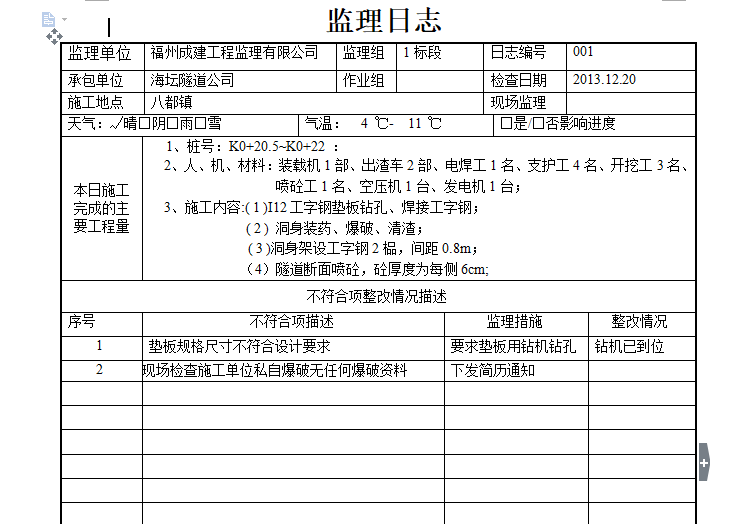 [日志]隧道工程监理日志-监理日志