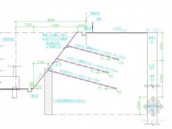 土钉墙结合水泥搅拌桩深基坑支护施工图-基坑支护剖面图 