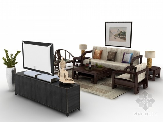 中式家具装修图资料下载-中式家具组合3d模型下载