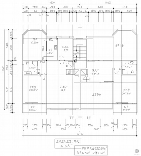 60平米复式户型图资料下载-复式一梯二户三室三厅三卫户型图(193)