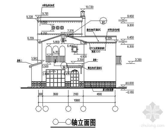 西班牙风格别墅建筑施工图-侧立面图