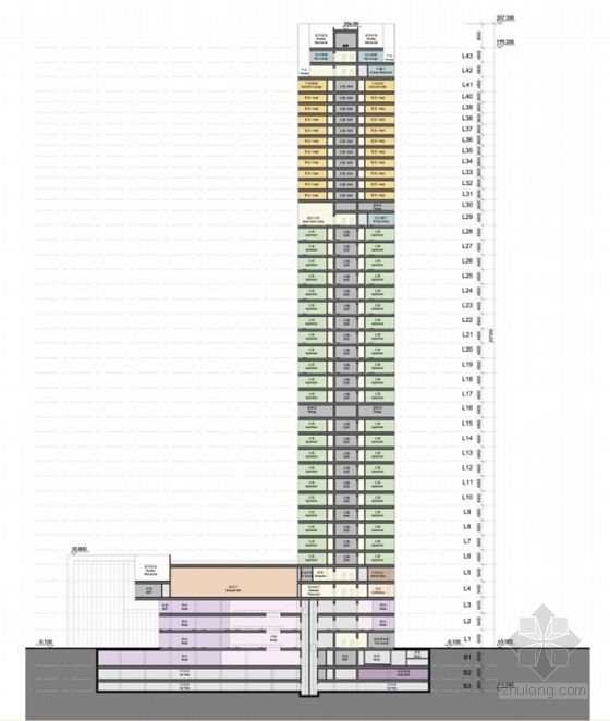 [四川]200米超高层五星级酒店设计方案文本（国际知名事务所）-200米超高层五星级酒店设计剖面图