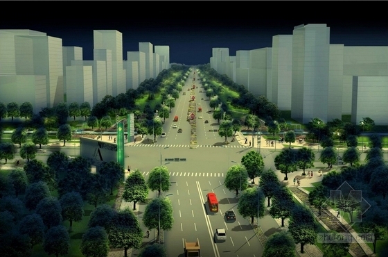 [江苏]工业园区道路景观绿化设计方案-工业园区道路景观绿化夜景效果图