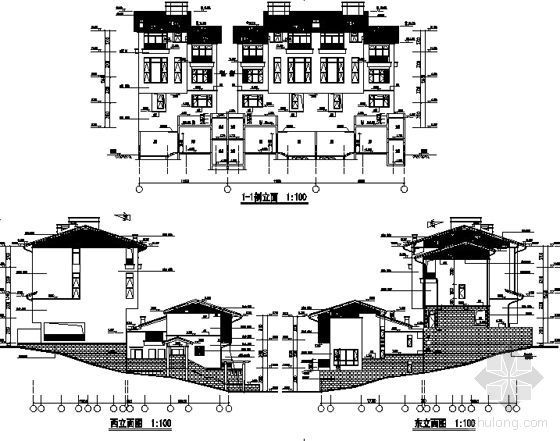 [南京]某海岸项目叠院拼接型别墅建筑施工图（D1、D5、D6、D7型）-侧立面图