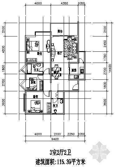 三室两厅两卫户型设计资料下载-三室两厅一厨两卫115.39平方米