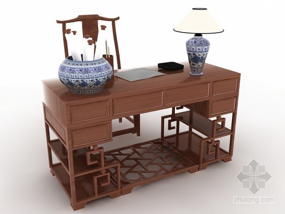 古典中式小区资料下载-古典中式书桌椅组合3d模型下载