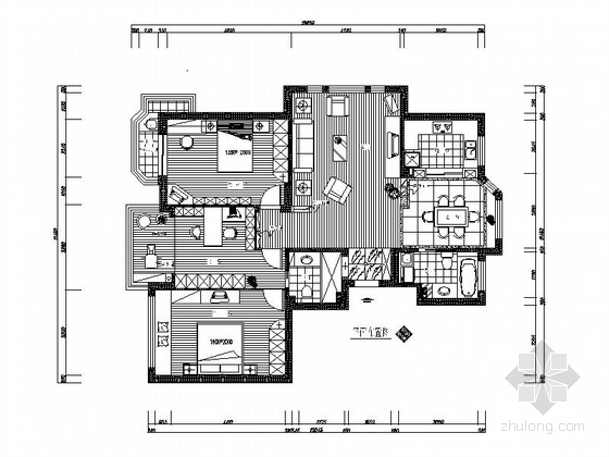 三居室住宅室内设计施工图资料下载-精装三居室两厅两卫室内设计CAD施工图