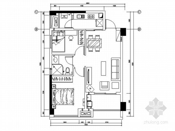 南北通透两居室户型资料下载-简洁C户型精装两居室装修图