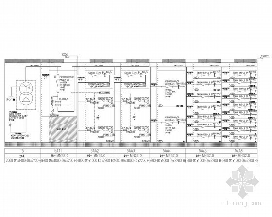 六层小型商务办公楼电气施工图纸（含计算书、变配电系统）-T5变压器低压配电系统图 