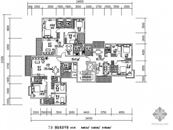 18层一梯三户住宅效果图资料下载-塔式高层一梯三户（92.7/102.7/135.5）