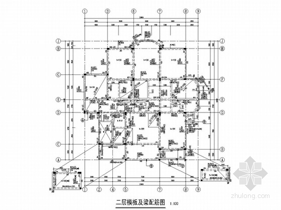 德国风情酒店结构施工图（含建筑图）-二层模板及梁配筋图 