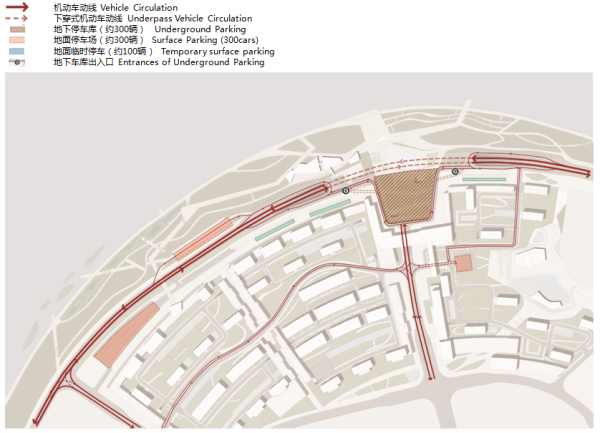 [重庆]生态示范性混合式滨水绿地公园景观规划设计方案-车型动线分析图