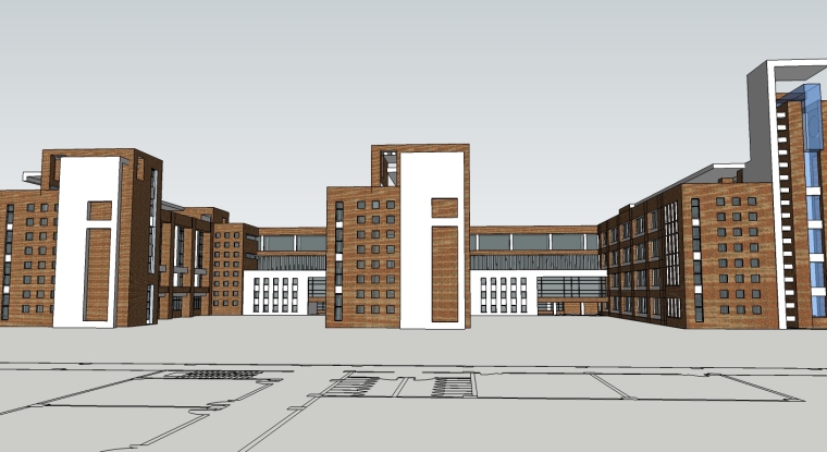 中小学校教学楼skp模型资料下载-现代风格红砖教学楼建筑SU模型