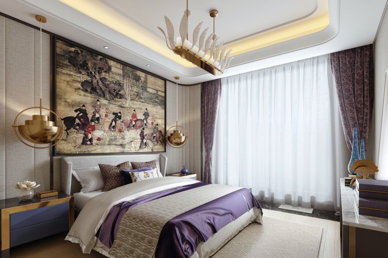 婚房卧室窗帘效果图资料下载-紫色优雅住宅卧室设计3D模型（附效果图）