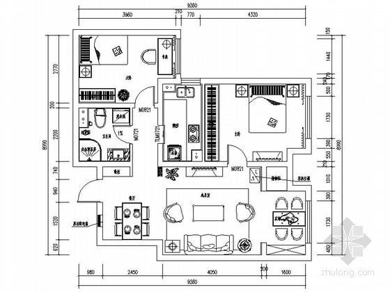 住宅室内淡雅装修效果图资料下载-现代中式淡雅二居室住宅室内设计CAD施工图含效果
