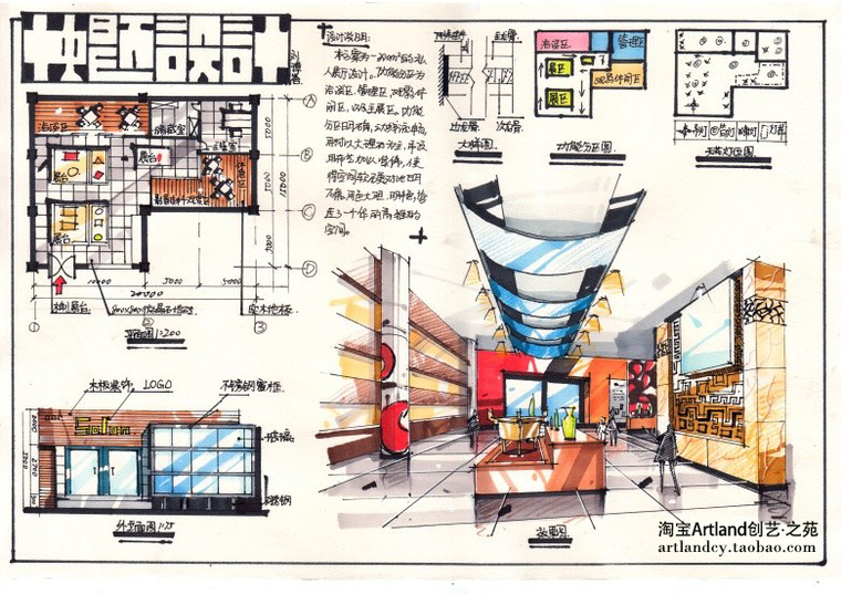 [学生资料]611张室内设计高分快题及小技巧-300㎡私人展厅