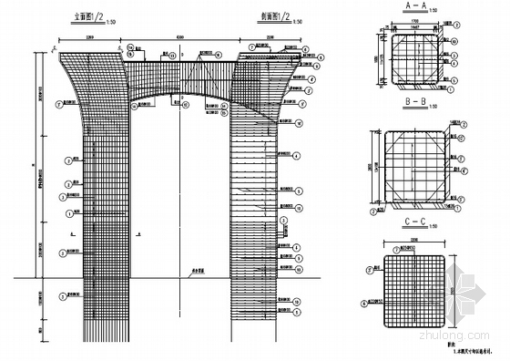[河南]桥宽25.5米～32.5m含等宽及变宽现浇预应力连续箱梁高架桥施工图503张-主线桥墩柱钢筋构造图