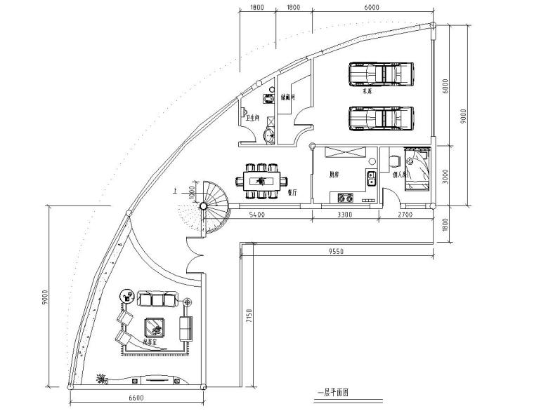 现代风格二层别墅建筑施工图设计-一层平面图