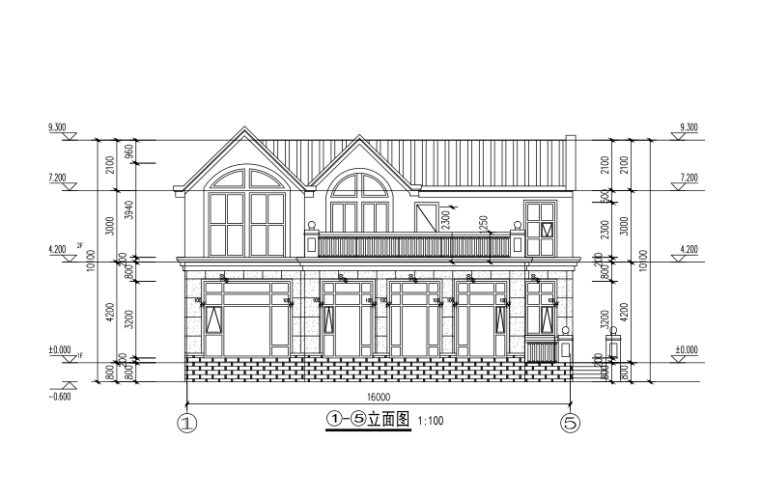 [甘肃]二层框架结构别墅建筑结构施工图（CAD、21张）-别墅建筑立面图