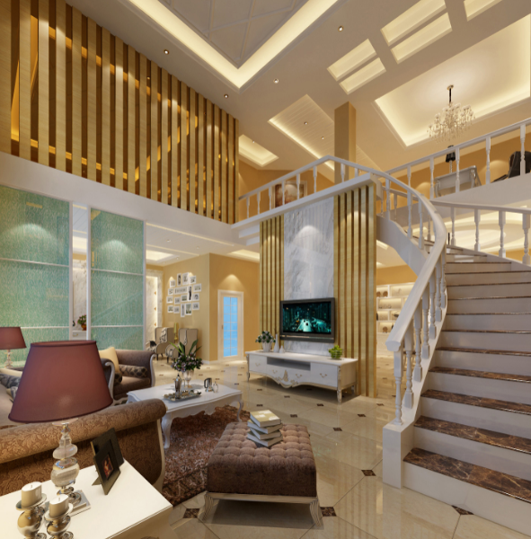 简约欧式风格两层别墅设计施工图（附效果图）-客厅