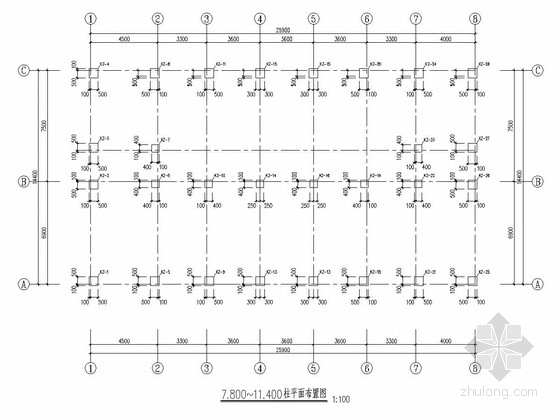 [云南]地上四层框架结构办公楼结构施工图-7.800~11.400柱平面布置图 