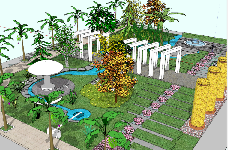 庭院景观设计SU资料下载-凉亭廊架庭院景观设计（SU模型）