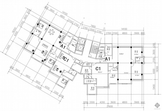 公寓大平层户型图资料下载-塔式高层一梯四户公寓建筑户型图(179/179/134/134)