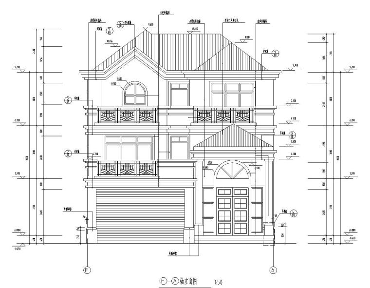 三层欧式建筑别墅方案文本（效果图+CAD）-轴立面图