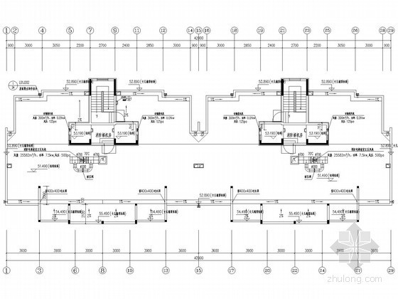[山东]小高层住宅区采暖通风排烟系统设计施工图（多栋建筑对称户型）-机房层通风平面图 
